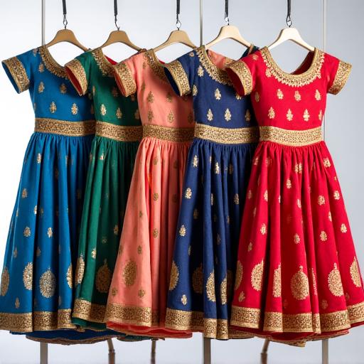 A row of identical costumes ready for a dance troupe.