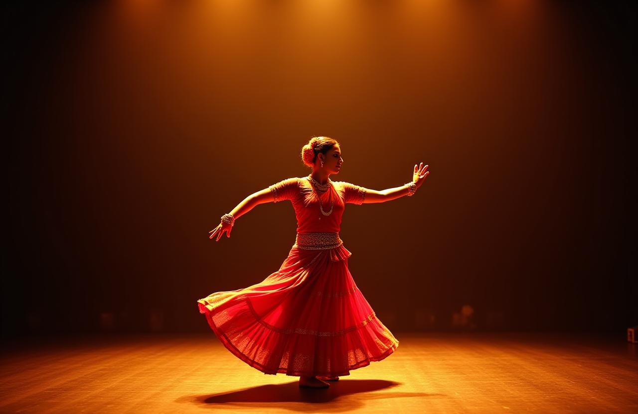 A dancer performing Bharatanatyam in an elaborate red and gold costume from Nritya Vastra Studios.