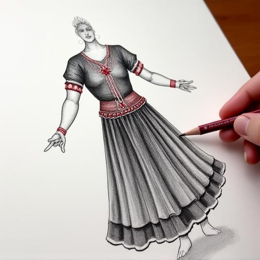 A detailed sketch of a custom dance costume design.