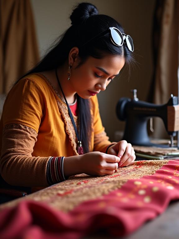 A master tailor from Nritya Vastra Studios meticulously working on a piece of silk fabric.